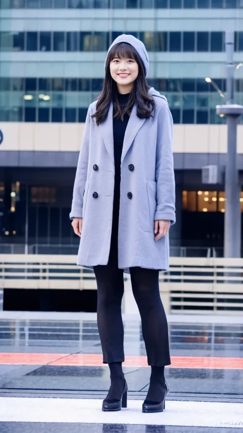 Full-body photo of a cute Japanese weather forecaster wearing a pantsuit and coat, pumps,Girl with a microphone,Broadcasting with a microphone outdoors in Tokyo in winter,Standing in front of Tokyo Station,wearing pumps and black tights,masterpiece