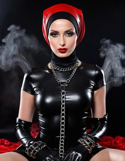 very thin. naked sexy model. in bdsm style. latex hijab. shiny steel bracelets on top of black gloves. and shiny steel bracelet ...