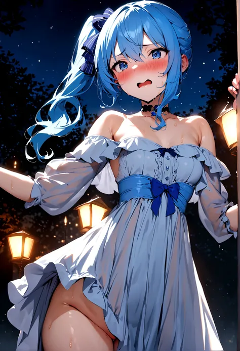 NSFW,masterpiece,Highest quality,High resolution,Super detailed,Star Town Suisei(Hololive),Blue Hair,One Side Ponytail,Blue Eyes,Long dress,Off the shoulder,Small breasts,Embarrassed,Estrus,Lust,blush,(Scary face man),(Having sex),Insert,Creampie,Night Par...