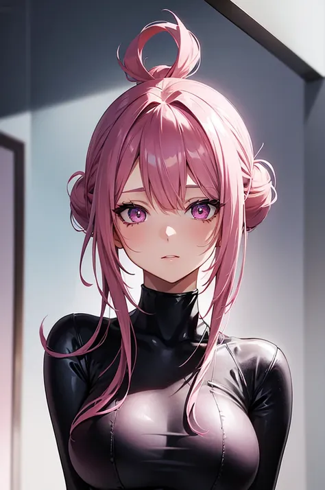 slim anime girl, with pink hair in a bun and bangs covering her forehead, highly detailed eyes shining like silver, with mascara on, wearing a black skintight bodysuit, girl has a silver halo above her head with stars behind her,