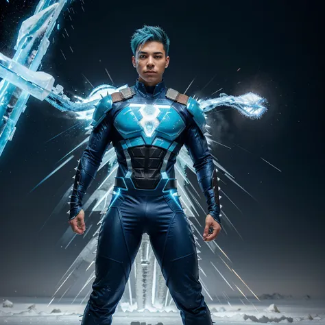 Full body view of a 19 year old bi-racial boy with spiky icy-blue hair and brown eyes wearing an icy-blue superhero suit with a snowflame in the center of his superhero suit in New York City