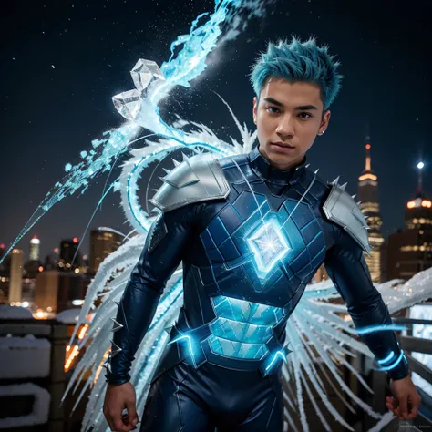 Full body view of a 19 year old bi-racial boy with spiky icy-blue hair and brown eyes wearing an icy-blue superhero suit with a snowflame in the center of his superhero suit in New York City