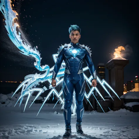 Full body view of a 19 year old bi-racial boy with spiky icy-blue hair and brown eyes wearing an icy-blue superhero suit with a snowflame in the center of his superhero suit in New York City