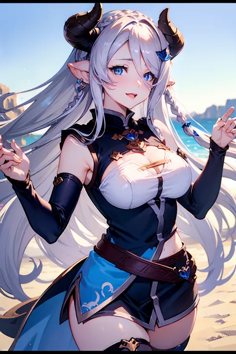 (((1 woman))), ((detailed blue eyes)), ((long silver hair)), large breasts, perfectly drawn body, narmaya, seductive smile, miniskirt, best quality, masterpiece, ultra-detailed