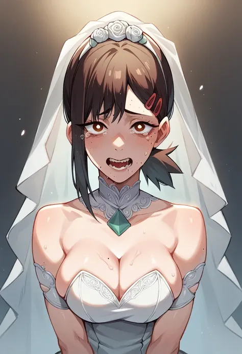 Kobeni Higashiyama from chainsaw man standing at the altar dressed as a bride wearing a very beautiful wedding dress while looking at the viewer with tears of happiness