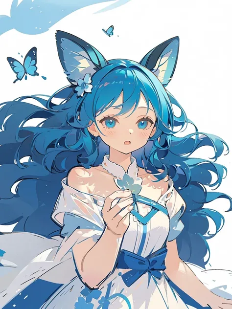 bust-up, 1girl, tosca blue hair, butterfly hair ornaments, blue flower, deer ears, white deer antlers, elegant white dress, teasing expression, splash background, solo, sketch, portrait, simple background