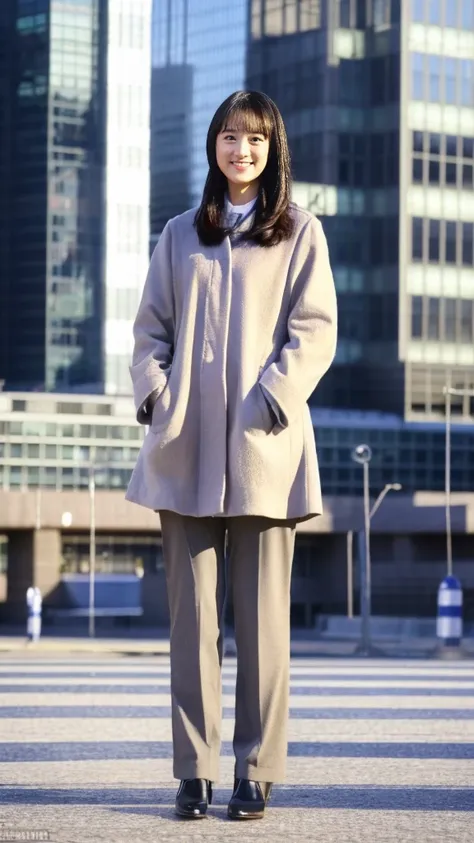 full-body photo of a cute japanese weather forecaster wearing a pantsuit and coat, pumps,girl with a microphone,broadcasting wit...