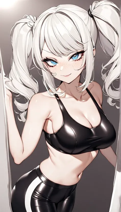 1 Girl, Black Sports Bra With Large White Trim, Black Sports Pants With Large White Trim, Medium Breasts, Blue Eyes, Nice Eyes, Platinum White Hair, Twin Tail Hair Style, Pale White Skin, Smooth Skin, Face Freckles, Leather Straps on Thighs, Nice Cleavage,...