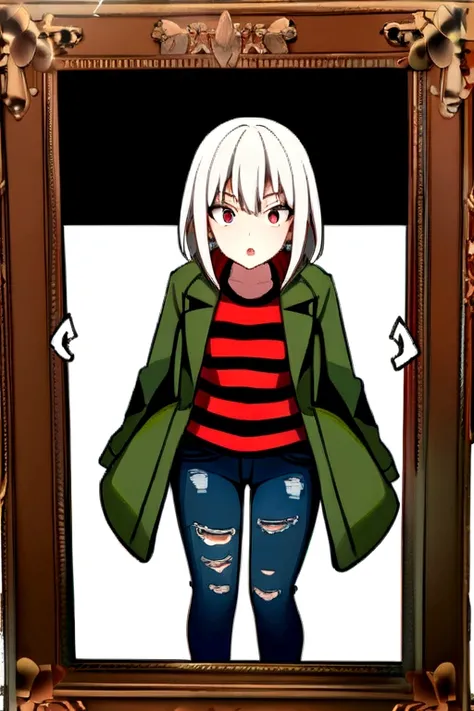 (work of art), (best quality), (1girl), White hair, Red eyes, menacing look, distressed jeans, black and red striped t-shirt, green coat