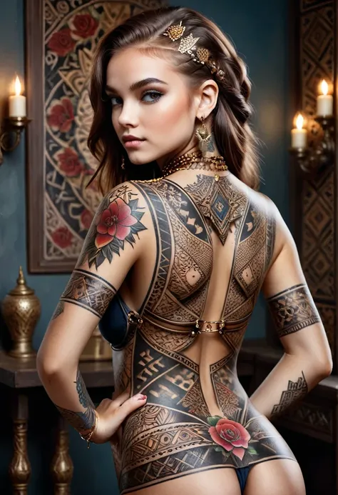 A captivating portrait of a boldly adorned young woman showcasing an intricate full-back tattoo
dvr-frft