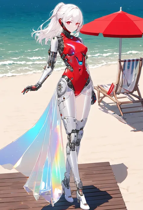 best quality, super fine, 16k, 2.5D, delicate and dynamic depiction, mechanical cyborg with fully mechanical body, hair made of chains and illuminated cable, deck chairs, beach umbrellas, beautiful white sand beaches, transparent, translucent, iridescent g...