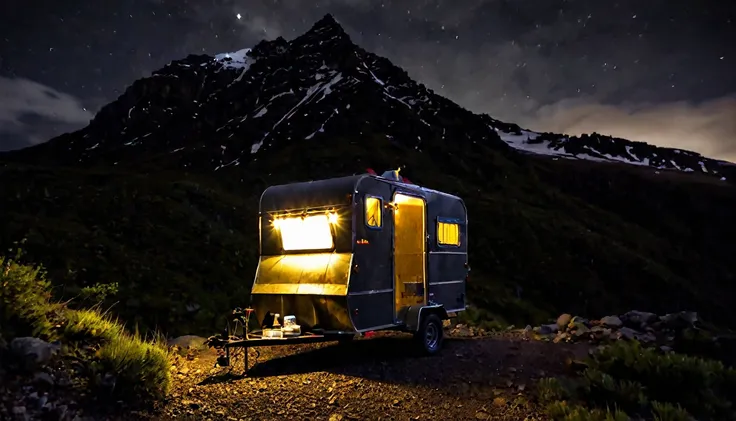 small trailer, lights off, remote area on top of the mountain, dark night, eerie