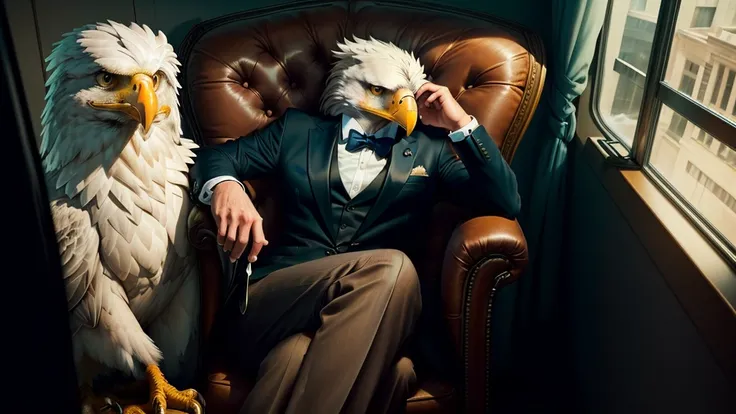 anthropomorphic eagle wearing a suit，sitting in a chair like a company president, youtube video screenshot, the bird is wearing ...