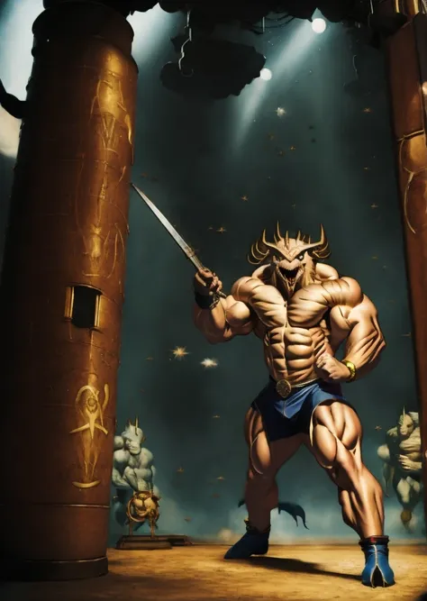 a muscular monster dueling in an arena