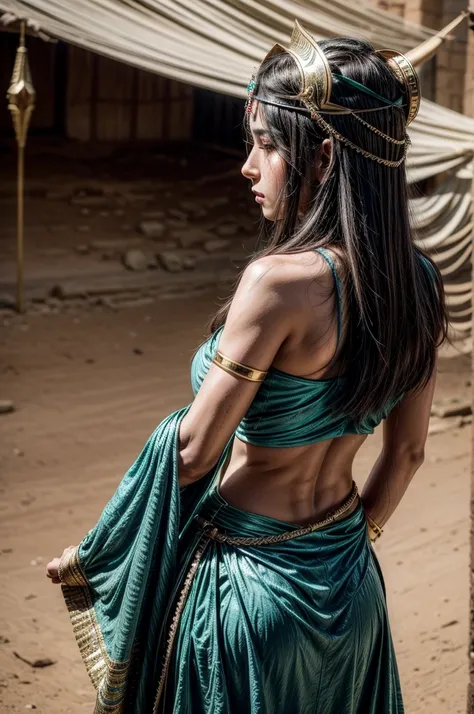 A powerful female archer wielding a bow in ancient Egyptian attire. She wears a gold headdress with a blue and green gemstone. Desert background. Blush and black eyeliner. View from behind. Round butt