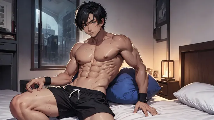 1 man, Handsome man, Ambiguous laughter, Solitary, White skin, muscular, Muscle Man, High target, handsome guy, Big biceps, Abdominal muscles, thigh, Broad shoulders, Open the chest,, Black short hair,sweat, Sweaty hair, Shirtless, Sit on the bed and relax...