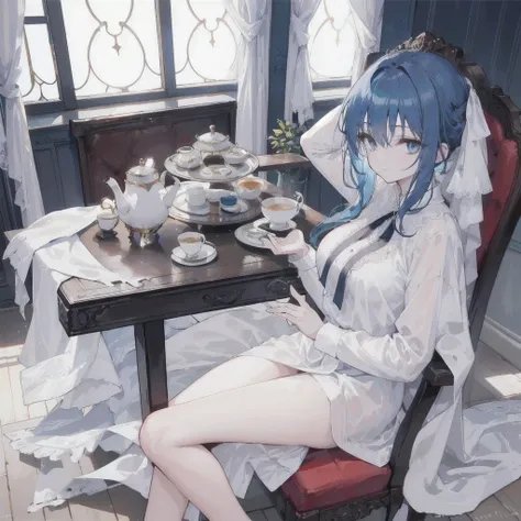 anime girl1, Beautiful blue hair, blue eyes, (bangs cover left eye) His left eye is visible slightly behind his long bangs, (wearing an elegant white noble shirt) wearing an elegant white tie jabot (long elegant noble shirt dress) Sitting on an elegant woo...