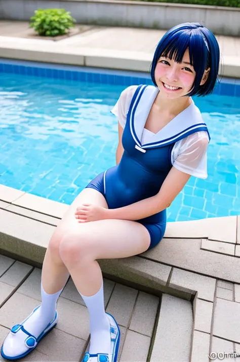 Japanese、middle School girls、14 years old、Sailor Mercury、Cosplay、short hair、Light blue hair、smile、pose、Pool、A swimsuit that becomes see-through when wet、Leg spread
