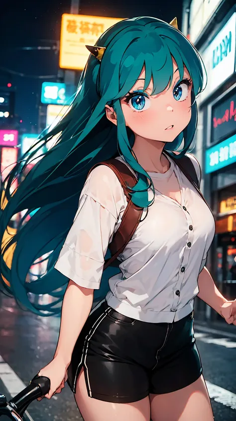 (score_9, score_8_up, score_7_up), 1girl, solo, lum, long hair, bangs, blue hair, blue eyes, aqua hair, horns, eyeshadow, large ...