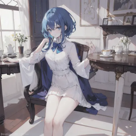 anime girl1, Beautiful blue hair, blue eyes, (bangs cover left eye) His left eye is visible slightly behind his long bangs, (wearing an elegant white noble shirt) wearing an elegant white tie jabot (long elegant noble shirt dress) Sitting on an elegant woo...