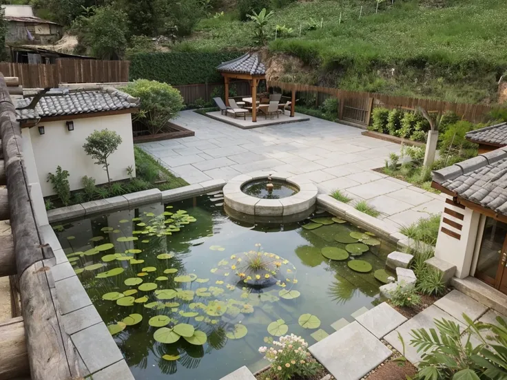 An aerial view of a beautifully designed modern European garden with a hint of Asian influence, featuring a sleek gazebo with a contemporary roof design, surrounded by lush greenery and vibrant flowers. Shot with a high-quality DSLR camera, the smooth ston...