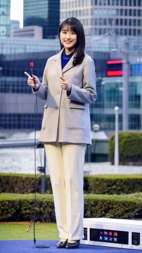 Full-body photo of a cute Japanese weather forecaster wearing a pantsuit and coat, pumps,A girl broadcasting live with a microphone,Broadcasting with a microphone outdoors in Tokyo in winter,Standing in front of Tokyo Station,wearing pumps and black tights...