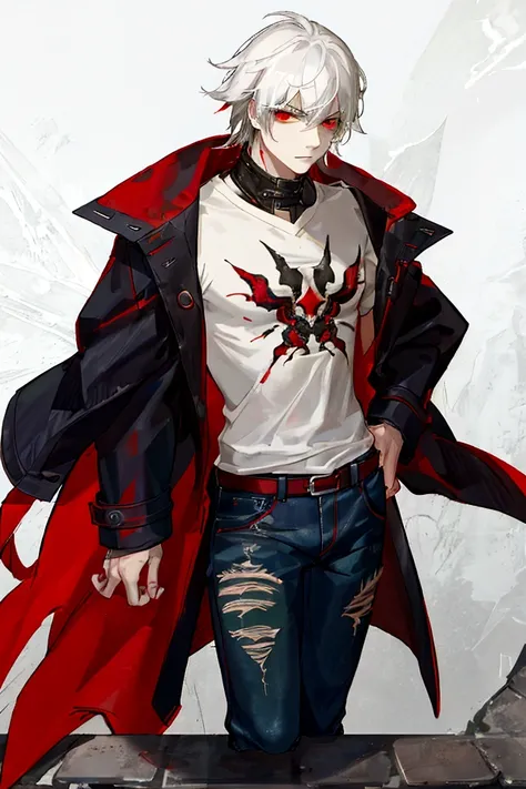 (work of art), (best quality), (1boy), White hair, Red eyes, menacing look, distressed jeans, black and red striped t-shirt, green coat