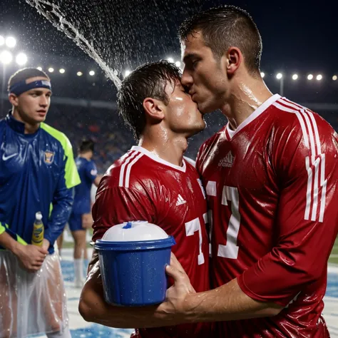 soaked twenty year old men wearing wet football jerseys with soaked hair wearing soaked uniforms. several men in soaked jereseys pour buckets of water over them. Wet shirts. Wetlook. Sensual. Kissing. Homosexual. Wet clothes. Wetlook. 