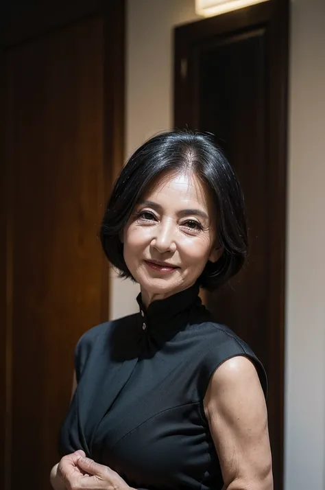 (masterpiece:1.4),(65-year-old woman:1.5),(facial wrinkles 1.2),gentle smile, (up hair : 1.1), (wearing black mourning dress), Motherhood Mature Woman