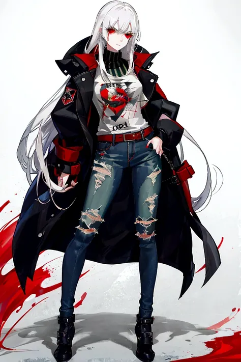 (work of art), (best quality), (1girl), White hair, Red eyes, menacing look, distressed jeans, black and red striped t-shirt, green coat