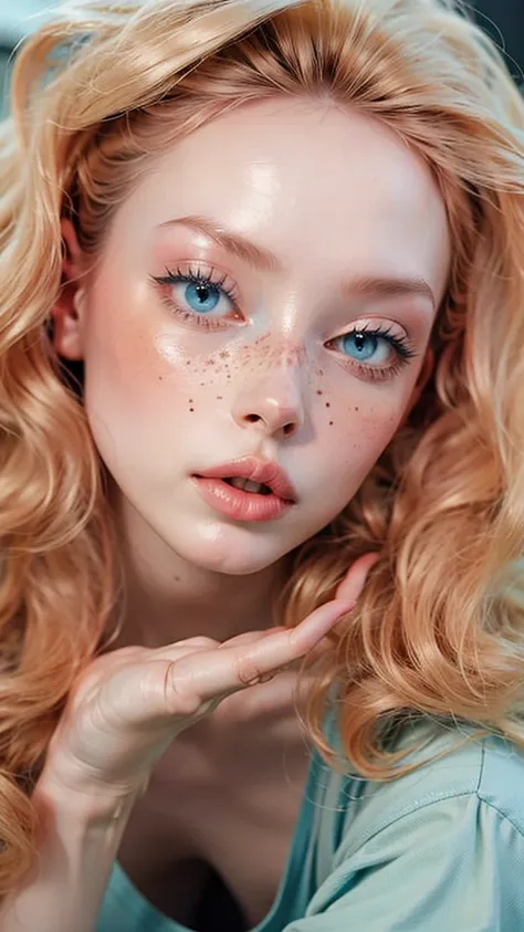 dynamic vision close-up of 1 albino woman with freckles, extremely thin and sensual, blonde hair ((curly)) slightly messy (over ...