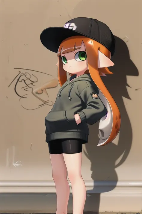 1girl, solo, long hair, long sleeves, hat, closed mouth, green eyes, standing, cowboy shot, outdoors, shorts, day, pointy ears, signature, hood, blunt bangs, orange hair, from side, short shorts, black headwear, hoodie, shadow, black shorts, hood down, bik...