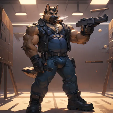 Solo, male, medium muscular, german shepherd, dog, biker, hairy chest, furry chest hair, shirtless, leather vest, blue jeans, leather chest harness, gun holster, gun,leather fingerless gloves, fingerless gloves, workboots, boots, cigar, cigar in mouth, nip...