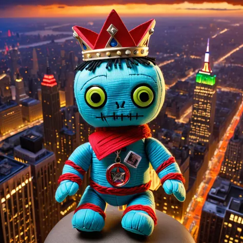 (knitted toy voodoo doll:1.5), (Voodoo on Empire State Building:1.7), (Clothing: 1930s city attire:1.0), (Accessories: enchanted airplane, glowing King Kong figurine:1.1), (background: iconic skyscraper with floating clouds, glowing city lights, and an epi...