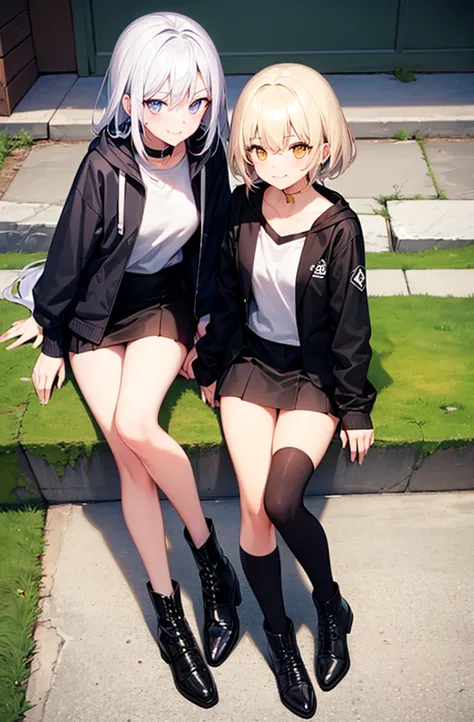 2 girls, White hair, gold eyes, Little smile, black jacket, White shirt, short black skirt,black boots, black face mask, hoodie.