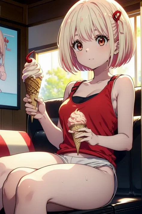  Chisato Nishikigi, short hair, bangs, Blonde, (Red eyes:1.5), Bobcut,smile,Open your mouth,Sweat,Red Tank Top,Red underwear,barefoot,barefoot,Sitting on the sofa,Holding an ice cream in one hand,Eating ice cream,Daytime,True Summer,whole bodyがイラストに入るように,
...