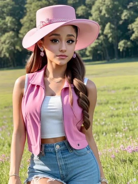 Ariana Grande, wearing a pink vest, pink cowboy hat, squinting eyes, heavy makeup, long thick curled eyelashes, filming MV in the meadow, clear blue sky