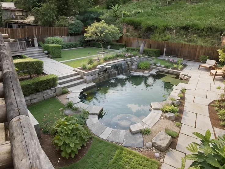 An aerial view of a beautifully designed modern European garden with a hint of Asian influence, featuring a sleek gazebo with a contemporary roof design, surrounded by lush greenery and vibrant flowers. Shot with a high-quality DSLR camera, the smooth ston...