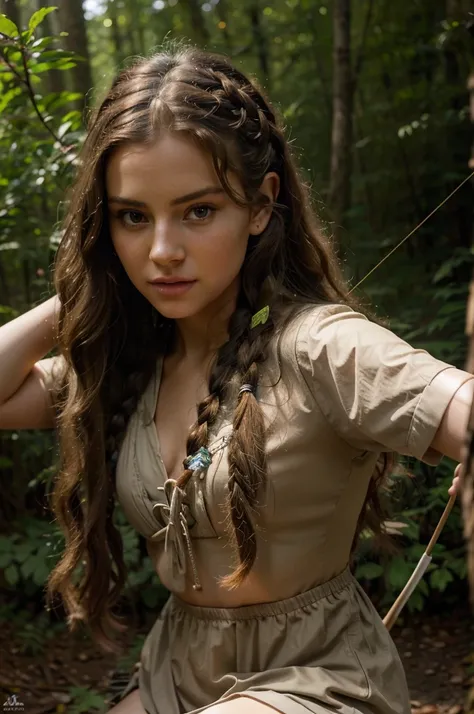 Hyper-realistic photo. In the forest, an elvish young teenager Lana Del Rey with light-brown hyper-curly hyper-long hair tied in multiple little braids, is aiming with a bow and arrow. She is wearing a light short outfit, she also has pointy ears. Hyper-re...