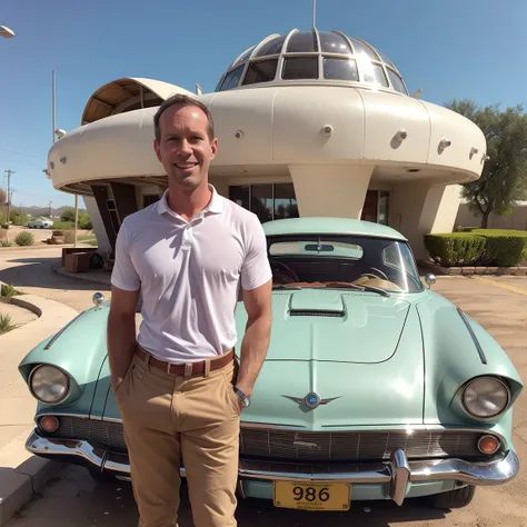 4K image from a 1960s science fiction film by Spike Jonze, wes cravens style, pastel colors, solo man (Todder9) smiling, standing next to a retro-futuristic car, at the gas station RetroFuturism fashion clothing from the 60s with alien ornaments, natural l...