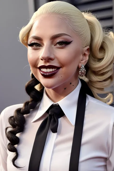 lady gaga, beautiful smile, white shirt with black tie, hair tied up, thick long curly eyelashes, skin tone makeup, red and black lipstick