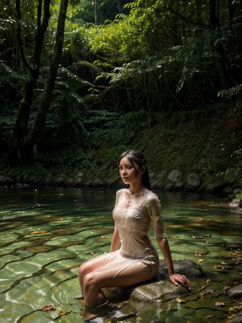 stunning cinematic images an indonesian woman, 20 years old. graceful and charming face, sitting on a rock, clear river bank, ne...