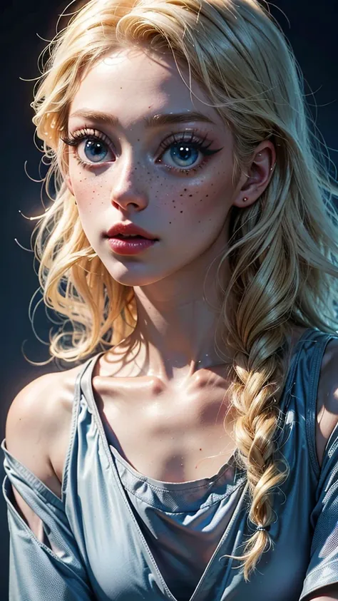 Dynamic Vision Close-up of 1 albino woman with freckles, extremely thin and sensual, blonde hair ((curly)) slightly messy (over the eyes), with large and highly detailed light blue eyes, large and curved eyelashes, making a sensual pout with her mouth , ex...