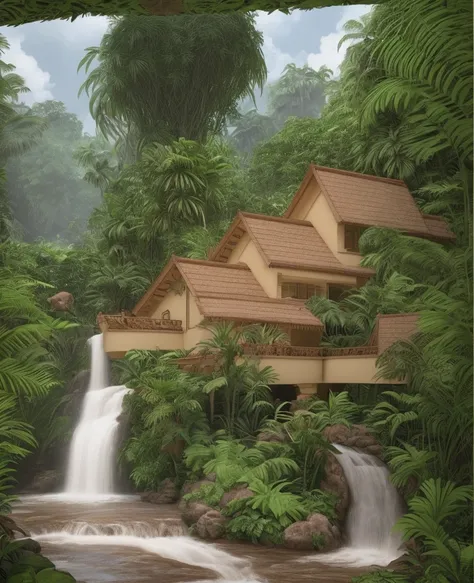 villa in the jungle with stream in front, ultrarealistic