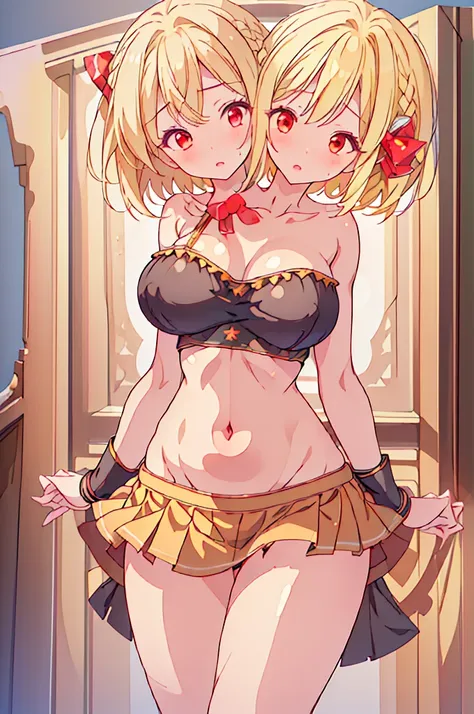 (masterpiece, best quality), best quality, (ultra-detailed), (3heads:1.5), 1girl, (rumia:1.3), masterpiece, best quality, ultra quality, ultra resolution, ultra detail, black top, crop top, ((stomach)), midriff, ((groin)), black skirt, normal ears, shackle...