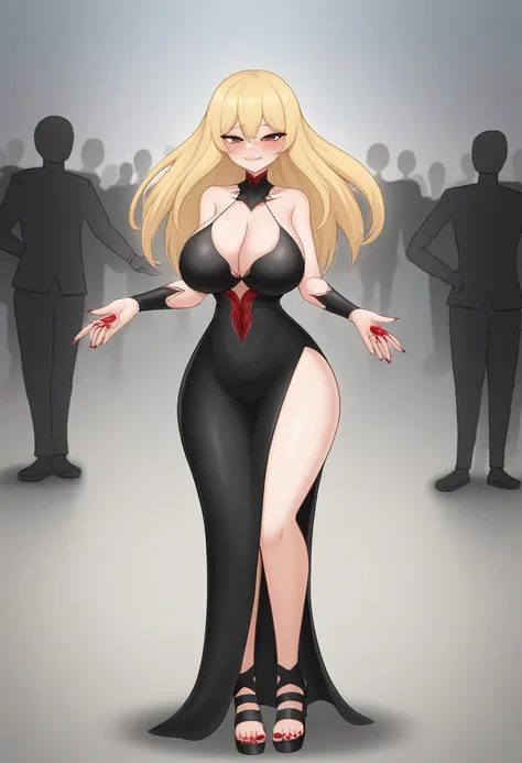 solo, long blonde hair, smug expression, half lidded eyes, fair skin, blue right eye, green left eye, prominent blush, long bangs, (Masterpiece), lustrous black dress, wide hips, wide shoulders, big breasts, cleavlage, big ass, open toe heels, red painted ...