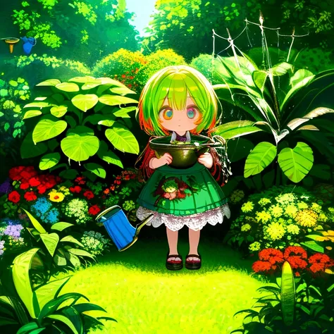 chibi, zombie, watering can, plants, wide shot, full body, detailed portrait, beautiful detailed eyes, extremely detailed face, ...