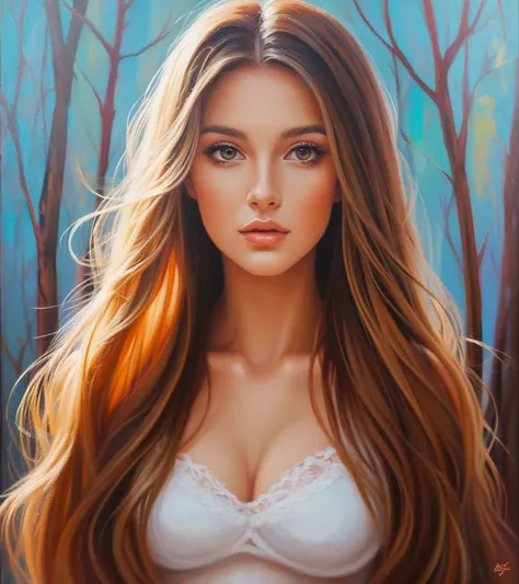 Painting of a beautiful woman, long  hair, art painting, ​masterpiece, oil canvas, high qualiy, perfectbody