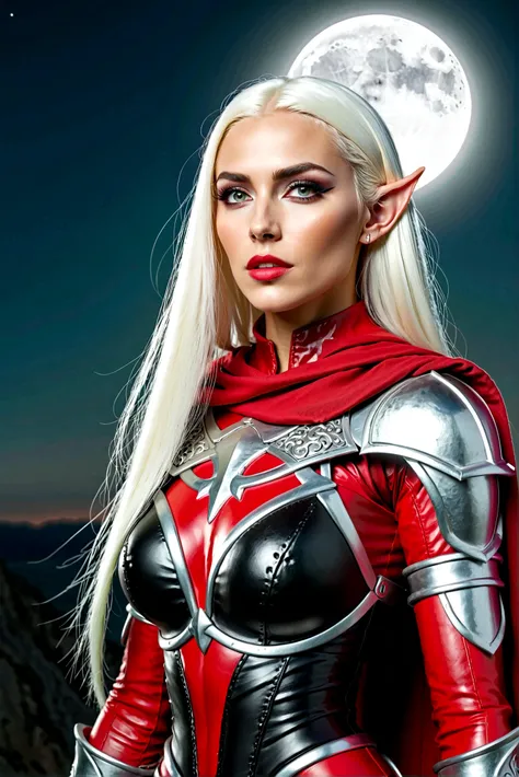 Everquest evil elf ,white eyebrows, eyelashes, curved mouth expression, smooth skin, long luscious platinum blonde hair, long detailed facialhair, full detailed body, detailed black red white Warrior Necromancer armor, fantasy two handed claymore, fantasy ...