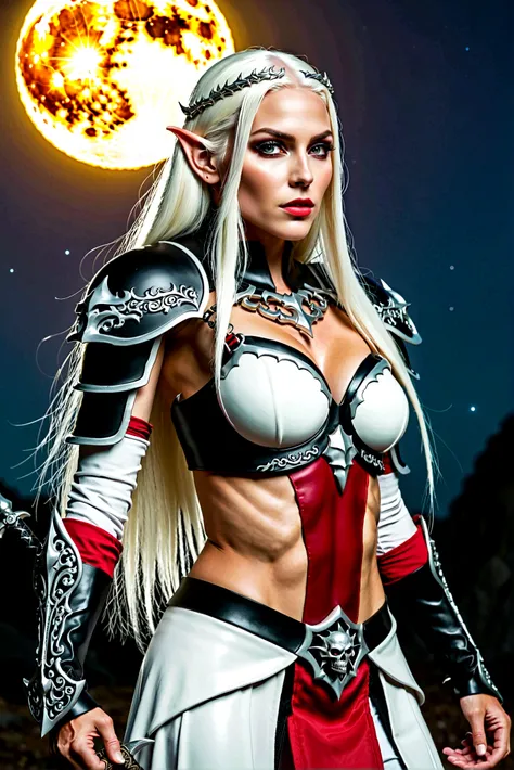 Everquest evil elf ,white eyebrows, eyelashes, curved mouth expression, smooth skin, long luscious platinum blonde hair, long detailed facialhair, full detailed body, detailed black red white Warrior Necromancer armor, fantasy two handed claymore, fantasy ...